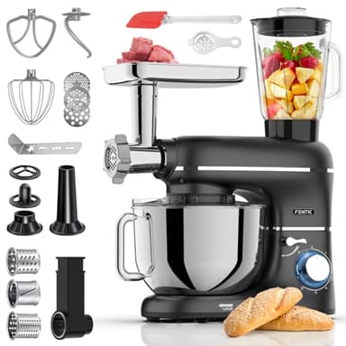 Fentic 6 in 1 Impastatrice Planetaria – 2000W – Con Tritacarne, Frullatore da 1,5L, Tagliaverure, Accessori Extra – Robot da Cucina con Ciotola 6.2L, Frusta, Gancio Impastare, Mescolatore (Nero)