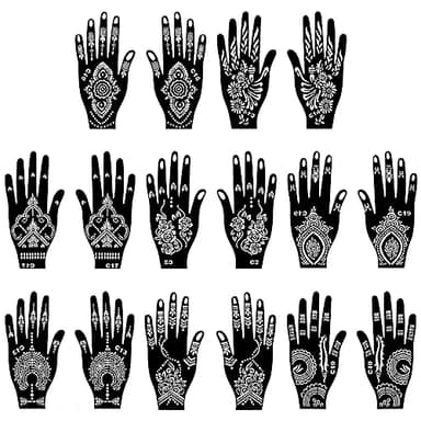 Vesaneae 16 Fogli di stencil per tatuaggi glitterati all'henné,Fogli Tatuaggi Temporanei Henné,Stencil per Tatuaggi per Donne,Stencil a fiori per pittura del corpo,per viso e corpo