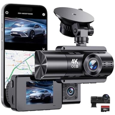 Dashcam auto anteriore e posteriore wireless dash cam 360 gradi di sorveglianza con batteria 4K con GPS 5Ghz WiFi Dash Cam con 64GB SD telecamera auto senza fili con monitoraggio del parcheggio/supe