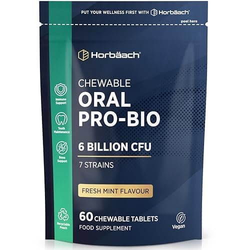 Biotici Orali per la Bocca | 60 Compresse Masticabili Vegane | Sapore Menta | Integratore Alitosi con Lactobacillus Acidophilus, Reuteri e Altro | 6 Miliardi di CFU | di Horbaach