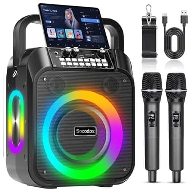Macchina Karaoke,Altoparlante Bluetooth Portatile 60W con 2 Microfoni Wireless,Batteria 6000mAh 8H Riproduzione, Stereo TWS,Luci RGB, Sistema PA Dual Bass Boost per Adulti,Bambini,Feste,Canto,DJ