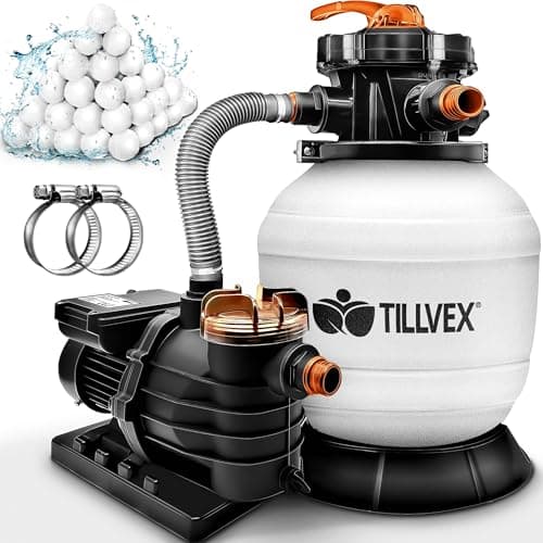 tillvex Pompa Filtro Piscina Portata 7.900L/h + 400g Filtro Balls | 7 funzioni di filtrazione | Adattatore 2in1 Ø32-38mm con indicatore di pressione | Filtro a sabbia per piscine (Bianco/Arancione)