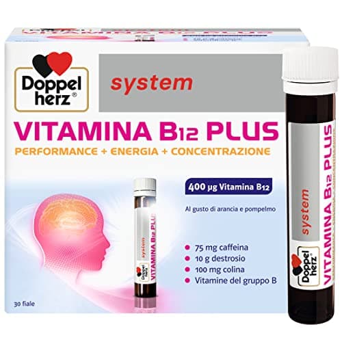 Doppelherz system VITAMINA B12 PLUS - Integratore Alimentare con Destrosio, Vitamine del Gruppo B, Caffeina e Colina, Sapore Arancia e Pompelmo - Senza Glutine e Lattosio - 30 Fiale