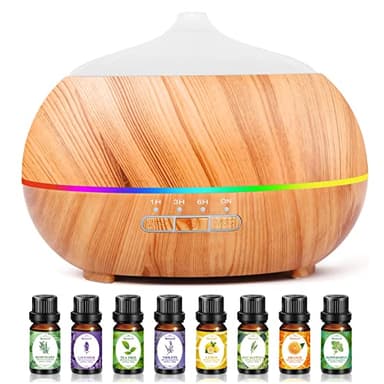 Moisturnt Diffusore di Oli Essenziali Umidificatore Ultrasuoni: 500ML Diffusore di Aromi con 8x10ml Oli Essenziali- Ambienti Legno con 7 Colori LED Vaporizzatore Elettrico per Casa Ufficio Spa Yoga