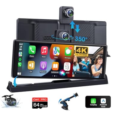 4K Schermo per Auto con 350° Rotante Dashcam Auto Anteriore, 10,26 Pollici Schermo Carplay Auto Android Auto con Stabile Car Play per Auto Staffa Bluetooth Mirror Link Siri G-oogle Scheda TF da 64G