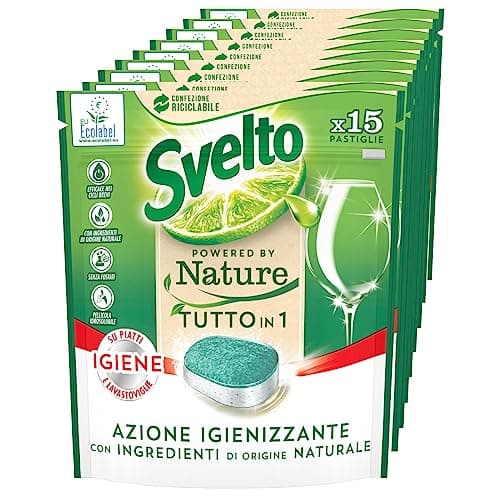Svelto Powered By Nature Tutto in 1 Pastiglie Idrosolubili per Lavastoviglie Azione Igienizzante Agenti Anticalcare contro Sporco e Macchie - 9 Confezioni da 15 Pastiglie