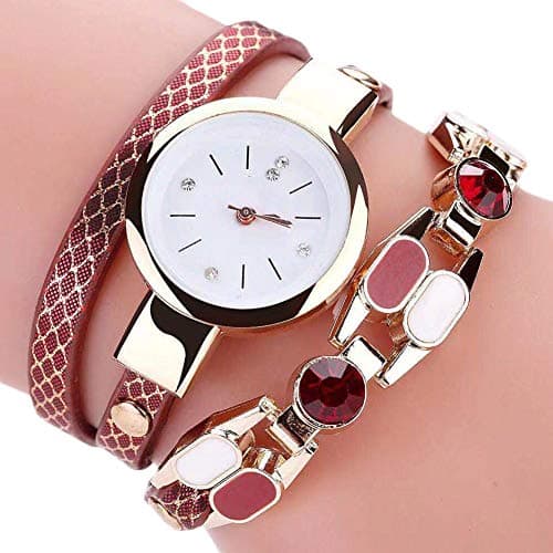 KingbeefLIU - Orologio vintage da donna, in pelle di serpente, quadrante rotondo, analogico, al quarzo, colore: rosso