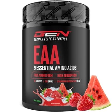 EAA in polvere 532 g - Tutti i 9 aminoacidi essenziali, inclusi istidina e BCAA - Formula Human Code - Bevanda per l'allenamento a base di aminoacidi - Super solubilità - Vegan (Fragola e Anguria)