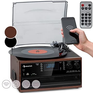 Auna Giradischi Bluetooth per Dischi in Vinile, Lettore Vinile a 3 Velocità di Riproduzione, Giradischi Vinili Vintage con Casse Stereo, AUX, Gira Dischi per Vinile con Jack per Cuffie e Lettore CD