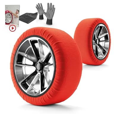 WALSER Calze da Neve Omologate Italia EN 16662-1, set di 2 catene da neve in tessuto per auto, catene invernali per auto rosse snow sock XXL