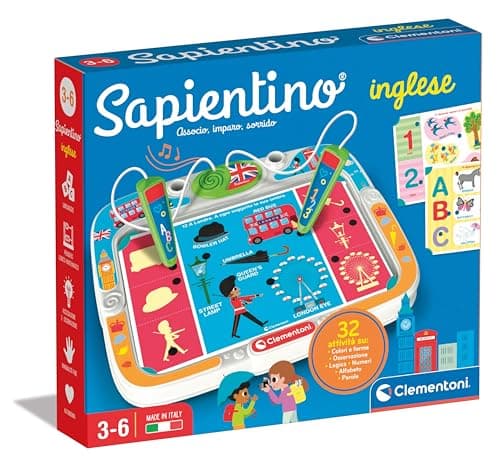 Clementoni Sapientino - Inglese, Gioco Educativo con Penne Parlanti Bambini 3-6 Anni, con 16 Schede e più di 32 attività per Imparare Vocaboli Inglesi, Made in Italy, Lingua Italiana, 16475