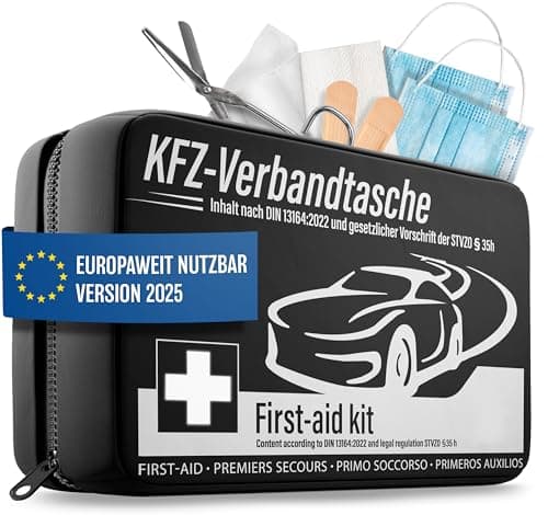 Kit di pronto soccorso per auto 2025 [certificato in tutta l'Europa] e testato (conforme alle norme locali vigenti), per il primo soccorso dell'auto, certificato DIN 13164, scatola di pronto soccorso