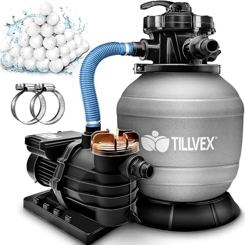 tillvex Pompa Filtro Piscina Portata 10 m³/h con 800g Filtro Balls - 7 funzioni di filtrazione - Filtro per piscina con indicatore di pressione - Impianto di filtrazione a sabbia per piscine e vasche