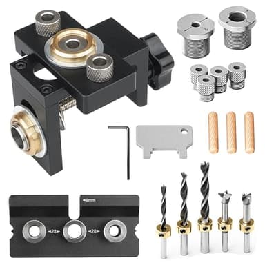 Guida per Spinatura Legno 3 in 1, Dima per Fori a Tasca 6/8/10/12/15 mm Dima per Spinatura Legno Guida di Foratura Locator Jig con 5 Punta a Trivella 3 Tassello 1 Perforatore per Carpenteria