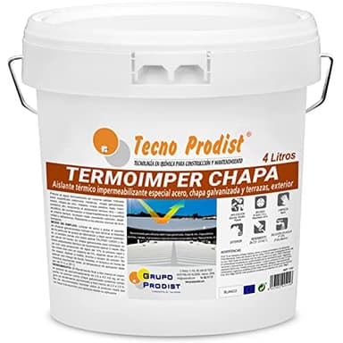 TERMOIMPER CHAPA di Tecno Prodist - 4 Lt (BIANCO OTTICO) Idropittura termoisolante per esterni - Vernice per acciaio, lamiera zincata e terrazze – Isola da caldo e freddo (Rullo, Pennello, Pistola)