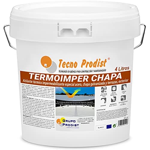 TERMOIMPER CHAPA di Tecno Prodist - 4 Lt (BIANCO OTTICO) Idropittura termoisolante per esterni - Vernice per acciaio, lamiera zincata e terrazze – Isola da caldo e freddo (Rullo, Pennello, Pistola)