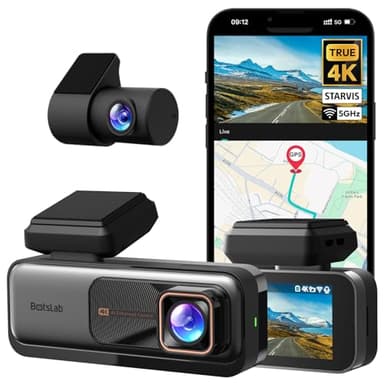 BOTSLAB Dash Cam 4K WiFi Telecamera per Auto, Frontale 4K Posteriore 2K, Super Visione Notturna, ADAS, Registrazione in Loop, WDR, Scheda SD da 64 GB inclusa