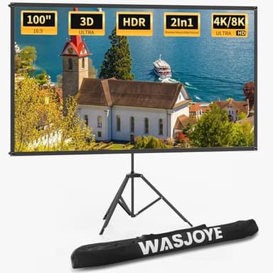 WASJOYE Schermo Proiettore con Treppiede, 100" 16:9 Schermo Proiettore, 4K HD, Tela di Proiezione Portatile, Leggera e Compatta, Ideale per Home Theatre, Film all’interno e Esterno (Telo Grigio)