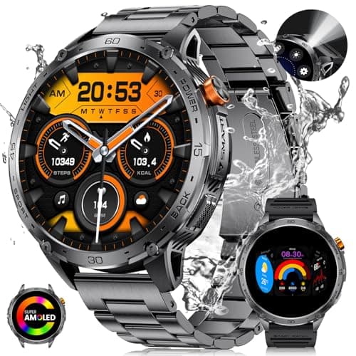 LIGE 1.75" Grande Schermo AMOLED Smartwatch Uomo con Torcia LED, Militare All'aperto Smart Watch per Android iOS, 100+ Sport, IP68 Impermeabile, 200+ Quadranti, Cinturino in Metallo Nero