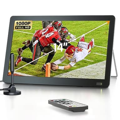 Desobry TV portatile da 14 pollici con antenna, Smart TV portatile con sintonizzatore ATSC, batteria ricaricabile Mini TV LCD Monitor 1080P, supporto TV incorporato, ingresso HDMI, USB, AV In