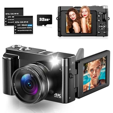 Fotocamera Digitale 4K 48MP Autofocus Macchina Fotografica Digitale Con Schermo Ribaltabile a 180° Da 3", Fotocamera Compatta 4K Con Scheda Da 32 GB, Zoom 16X, 2 Batterie