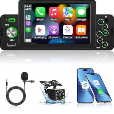 Autoradio 1 din con schermo - Senza fili Carplay e Android Auto - stereo auto touchscreen da 5 pollici con Bluetooth - Miror Link FM Controllo al volante EQ Sound + 12 LED Backup Camera