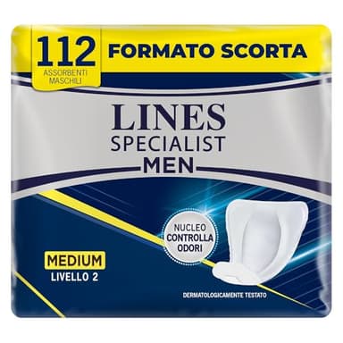 Lines Specialist Assorbenti Maschili Medium Livello 2, Anatomici e con Nucleo Controlla Odori, Protezione e Discrezione, 8 Confezioni da 14 Unità