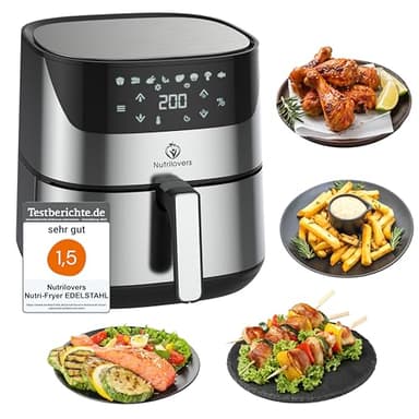 NUTRI-FRYER Friggitrice ad aria calda XXL in acciaio inox [2000 W] Power Airfryer 5 L grande friggitrice