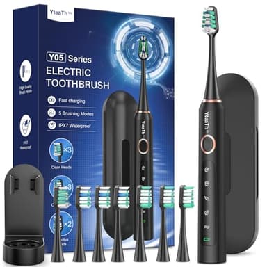 Spazzolino Elettrico Sonico per Adulti - Spazzolino Denti Sonico con 8 Testine e Custodia da Viaggio, 5 Modalità, Impermeabile IPX7, Spazzolino Elettrico da Viaggio Ricaricabile, Nero