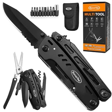 RoverTac Coltello tascabile multitool Regali per uomini papà marito 18 in 1 Multi Tool Coltello Pinze Forbici Sega Cavatappi 9-Pack Cacciaviti con blocco di sicurezza e fodero in nylon