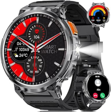 FOXBOX 1.85" IPS Ultra Grande Orologio Smartwatch Uomo con Torcia LED, Militare Smart Watch per Android iOS, IP68, Chiamate, 24H Frequenza Cardiaca, 730mAh, 100+ Sports