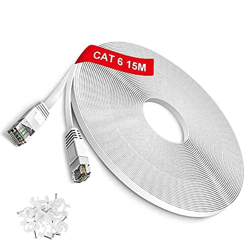 Cavo Ethernet 15m Cat6 Piatto - POE Cavo di Rete ed alta velocità 10/100/1000Mbps RJ45 Cavo LAN Patch OFC-UTP per Router PC, Console, TV Box, Modem, Bianco