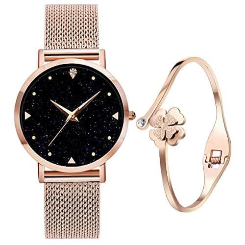 Orologi da donna ragazze, da polso al quarzo analogico Impermeabile 3ATM con cinturino in maglia di acciaio inossidabile oro rosa con quadrante blu con cielo stellato