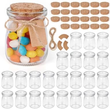 Winter Shore Barattolini Vetro Piccoli con Tappo in Sughero 100 ml [24 Pezzi] Barattoli Vetro Bomboniere Alimentare con Spago e Cartellini per Caramelle, Miele - Portaconfetti Vetro Festi e Matrimoni