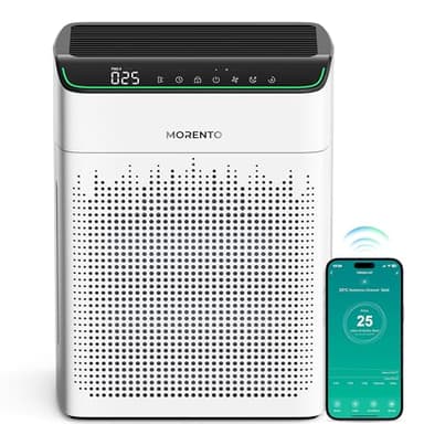 Purificatori d'aria MORENTO per la casa Grande Camera Fino a 158m² con monitor di qualità dell'aria PM 2.5, compatibile Wi-Fi e Alexa, filtro HEPA Ingresso aria bifacciale per fumo e odori 23dB