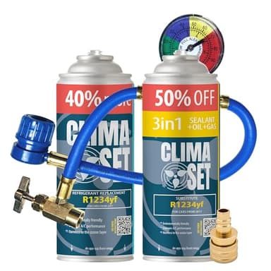 ClimaSet 3in1 R124yf Gas di ricambio per refrigerante, condizionatore d'aria per auto, refrigerante, bombola del gas, 2 x 235 g, tubo dell'aria condizionata, manometro, adattatore HP/LP- ECO