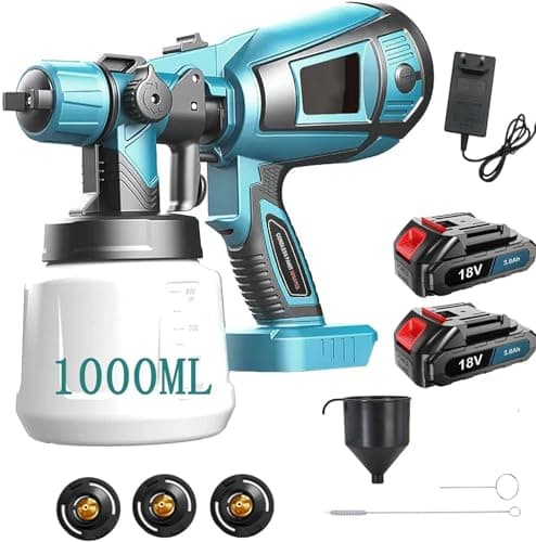 ANUPTTA Pistola a Spruzzo, Per Makita, mit Batteria 2x3000mah E Caricabatterie Pistola Per Verniciatura Di Pareti, Soffitti,Recinzione Da Giardino, Spruzzatore 800ml Contenitore Rimovibile