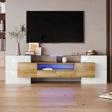 KecDuey Mobile TV 200 cm, elegante mobile TV Lowboard, lucido con illuminazione a LED, mobili da soggiorno, design moderno, elegante superficie in vetro (colore legno, 200 cm) (WF3048489)