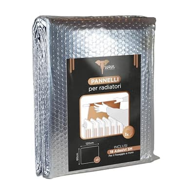 SURUS EQUIPMENT Pannelli termoriflettenti per termosifoni che riducono la dispersione di calore in casa, 3 fogli da 120x60 cm e 18 adesivi 3M montaggio a muro