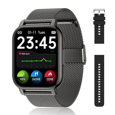Popglory Smartwatch Uomo Donna, 2 cinturini Orologio Chiamate e Whatsapp, Contapassi Assistente Vocale, Orologio Digitale 24H Cardiofrequenzimetro, Pressione Sanguigna SpO2 Sonno, per Android iOS
