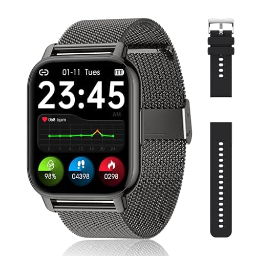 Popglory Smartwatch Uomo Donna, 2 cinturini Orologio Chiamate e Whatsapp, Contapassi Assistente Vocale, Orologio Digitale 24H Cardiofrequenzimetro, Pressione Sanguigna SpO2 Sonno, per Android iOS