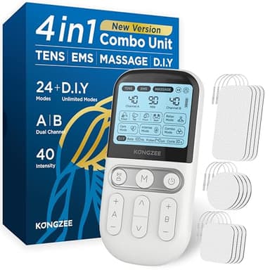 4 in 1 - Unità TENS e fai da te, stimolatore muscolare EMS e massaggio, macchina terapeutica con unità TENS a doppio canale per alleviare il dolore (Bianco)