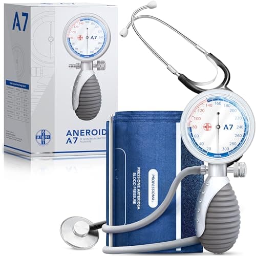 AIESI® Sfigmomanometro Manuale Professionale Aneroide modello palmare per adulti con stetoscopio ANEROID A7, Impugnatura orientabile, Garanzia Italia 24 mesi