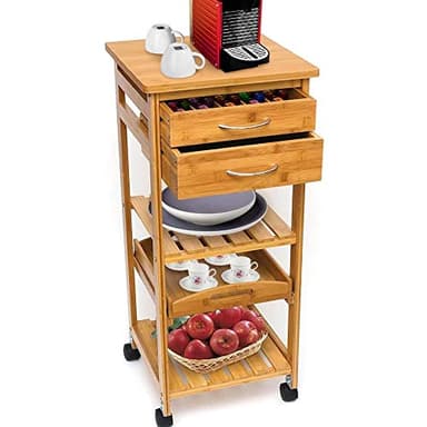 BAKAJI Carrello Cucina in Legno di bambù con Ripiano Top Solido Tagliere utile per appoggio Macchina da caffè, Tavolino Cucina da Servizio in Bamboo 4 Ruote girevoli,Vassoio Estraibile, 3 Ripiani