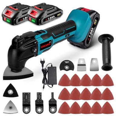 ONEVAN utensile multifunzione a batteria, 4° angolo di oscillazione di, attrezzo multifunzione oscillante con 2 batterie da 1,5 Ah e 22 accessori, 6 velocità, multiutensile oscillante senza fili