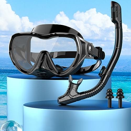 Set da snorkeling per adulti con occhiali da immersione e boccaglio asciutto, occhiali da immersione, 180 Gradi maschera panoramica vetro temperato anti-perdita e anti-appannamento