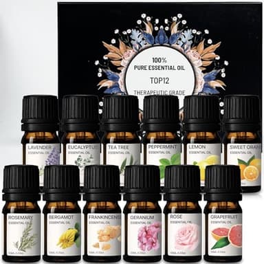 Oli Essenziali - Kit di Oli 100% Puri - Top 12 Set Regalo di Oli Aromaterapici - Confezione da 12, 10 ml (Eucalipto, Lavanda, Erba Limone, Arancio, Menta Piperita, Albero del Tè)