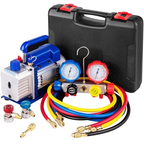 VEVOR Set Manometro per Pompa per Vuoto 135,92 L/min Set Pompa per Vuoto, Stadio Singolo per Sistemi di Raffreddamento HVAC A/C, Manometro 4 Vie, 1440 Giri/min Borsa da Trasporto per Condizionatori