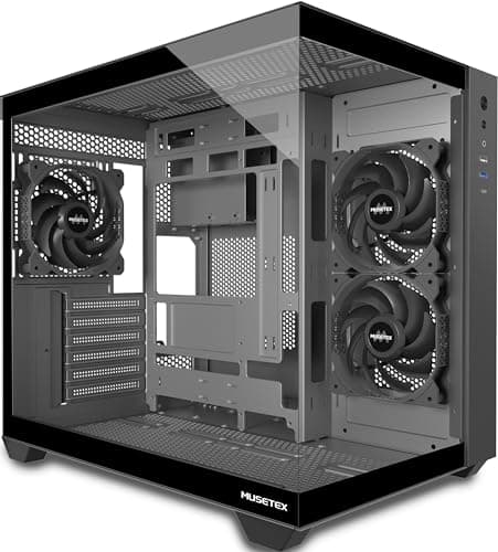 MUSETEX Case PC ATX, 3 ventole preinstallate da 120 mm, supporto ruota da 360 mm, alloggiamento in vetro temperato a 270° Full-View con alloggiamento per computer Type-C, case Mid Tower ATX, nero, Y6