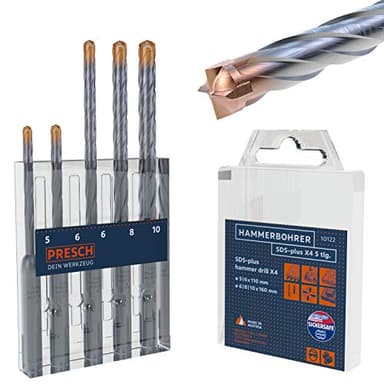 Presch Set Punte SDS Plus X4-5 pz. - Punte Cemento Armato e Acciaio 4 Taglienti, Indicatore Lunghezza Tassello - Punta Trapano Battente Calcestruzzo, Pietra, Granito, Mattone, Muro - Ø 5-10mm